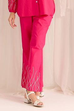 Pink shirt with placed sequin bead embellished wave patterns. Comes with matching pant. - Aza Fashions Elegant Embellished Summer Pants, Elegant Pink Embellished Bottoms, Elegant Embellished Pink Bottoms, Elegant Embellished Pant Set For Summer, Elegant Embellished Summer Pant Set, Cotton Pants With Resham Embroidery, Resham Embroidered Cotton Pants, Fitted Cotton Bottoms For Festive Season, Elegant Embroidered Cotton Pants