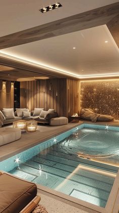 a living room filled with furniture and a swimming pool in the middle of it's floor