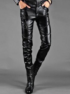 Men's Slim Fit Multi Zip Embellished PU Leather Pants – meetfun Hot Leather Jacket, Leather Dress Outfit, Jogger Pants Style, Short Leather Skirts, Leather Skirt Outfit, Mens Leather Clothing, Lycra Men, Mens Fashion Edgy