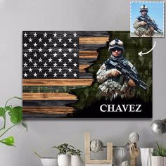 a soldier with an american flag and the word chavez in front of it