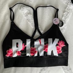 Pink Vs Pink Stretch Sports Bra For Spring, Pink Moisture-wicking Sports Bra For Summer, Pink Top For Spring Training, Pink Tops For Spring Training, Pink Training Tops For Spring, Casual Pink Letter Print Activewear, Casual Pink Activewear With Letter Print, Pink Sports Bra For Spring Workout, Summer Pink Gym Sports Bra