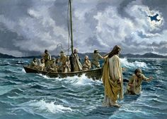 jesus walking on the water with his boat full of people