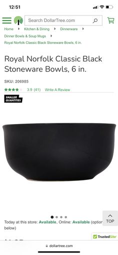 the black bowl is on sale for $ 6 99 at royal norfolk classic black stoneware bowls