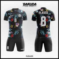 a soccer uniform with flowers on it and the number 8 printed on the chestline