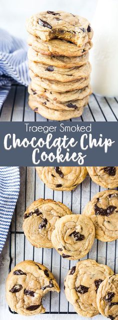 chocolate chip cookies stacked on top of each other with milk in the background and text overlay that reads, tracer smoked chocolate chip cookies