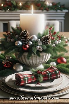 a christmas centerpiece with pine cones, ornaments and candles on a dining room table