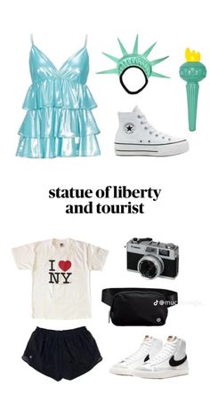 the statue of liberty and tourist's outfits are featured in this advertise