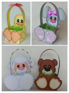 four different pictures of small purses with animals in them, one has a teddy bear and the other has a duck