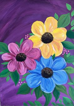 an acrylic painting of three flowers on a purple background, with green leaves