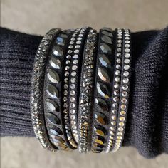 Black Wrap Around Snap Bracelet Elegant Black Wrap Bracelet, Trendy Adjustable Black Crystal Bracelet, Trendy Black Leather Bracelet For Party, Adjustable Black Crystal Bracelet For Party, Snap Bracelets, Black Wrap, Leather Wrap Bracelet, Leather Wraps, Wrap Around