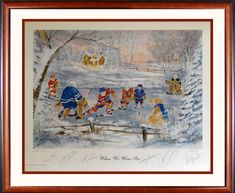 a painting of hockey players playing in the snow