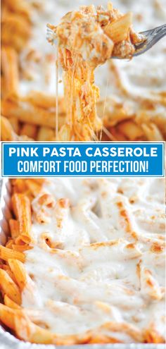 pink pasta casserole comfort food perfection is being served in a pan with a fork