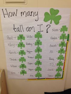 a bulletin board with instructions for how many tall are i? written in green on it