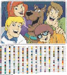 the scoozie family cross stitch chart is shown in color and has an image of them