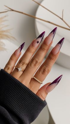 beautiful purple nail design that adds a touch of elegance to your style. Perfect for any occasion, this chic purple shade is a must-try for a stylish and sophisticated look. You can save this idea for your next nail appointment! Fun Dark Nails, Dark Purple Nails French Tip, Long Acrylic Nails Purple, Dark Purple Stiletto Nails, Simple Dark Nail Designs, Dark Purple French Tips, Dark Purple Acrylic Nails Design, Dark Elegant Nails, Dark Purple Almond Nails