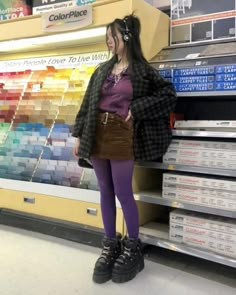 Lo Fi Aesthetic Outfits, Outfits With Purple Hair, Colored Tights Outfit Aesthetic, Outfits With Colored Tights, Corean Style Outfits, Purple And Brown Outfit, Colorful Grunge Outfits, Purple Tights Outfit, 80s Alternative Fashion