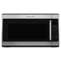 a stainless steel microwave oven with the door open and black knobs on it's side