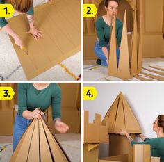 the instructions for making a cardboard house with construction paper and glue are shown in three different pictures