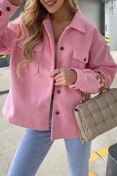 Womens Jacket Casual Solid Solid Color Turndown Collar Outerwear Outerwear Details, Womens Jackets Casual, Pencil Skirt Dress, Chiffon Fashion, Loose Outfit, Turndown Collar, Woolen Coat, Pink Jacket, Long Sleeve Casual