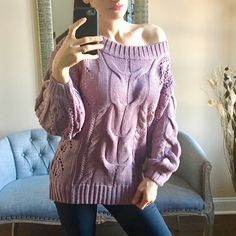 Beautiful And Very Well Done Cable Knit Sweater With Puff Sleeves In Ash Purple. Can Be Worn Off One Shoulder, Off Both Shoulders Or As Round Neck. The Color Is A Little Darker Than The Pictures. Pictures Taken In Natural Daylight. New, Comes Directly From Manufacturer, No Tags Attached! 80% Acrylic, 20% Polyester. Hand Was/Cold Water. Approx. Measurements: S: Bust 38”, Length 25” M: Bust 40”, Length 25. L: Bust 42”, Length 27”. Turtleneck Tunic Sweater, Shoulder Off, Navy Blue Sweater, Open Front Sweater, Beautiful Sweater, Purple Sweater, Grey Pullover, Style Cardigan, Cotton Cardigan