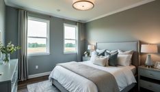 a bedroom with gray walls, white bedding and two windows in the middle of the room