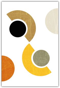 an abstract painting with circles and shapes on it's white background, in shades of orange, green, yellow and grey