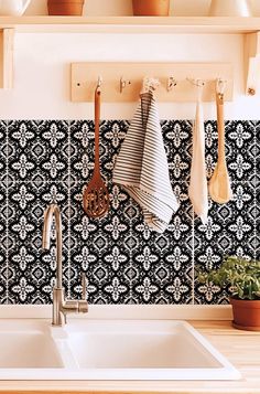 a kitchen sink with utensils hanging on the wall and potted plants next to it