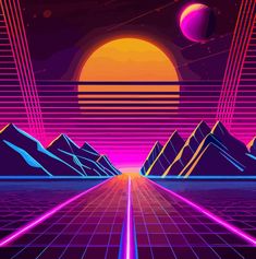 an image of a retro sci - fi scene with mountains and planets in the background