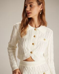 The White Lapel Ribbed Button Cable Cardigan & Reviews - White - Tops | RIHOAS Elegant Preppy, Knit Suits, Elastic Skirt, Tailored Clothes, Cable Cardigan, Knit Wear, Ribbed Cardigan, Button Cardigan, Knit Skirt