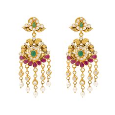 This classy Indian gold set of ruby Chandbali earrings online at Virani Jewelers also features gleaming emeralds and pearls in a modern Chandbali design.Features: • 22k yellow gold • Cubic zirconia • Rubies • Emeralds • PearlsNo Indian bridal jewelry collection is complete without the perfect pair of Indian-style earrings. Find this pair of ruby Chandbali earrings and others like it on our website or at one of our Indian gold jewelry shops in New Jersey.Specifications: • Minimum Earring Width - Luxury Meenakari Chandbali Danglers, Luxury 22k Gold Chandbali Danglers, Indian Gold Jewelry, Indian Bridal Jewelry, Chandbali Earrings, Bridal Jewelry Collection, Gold Bead Necklace, Bridal Jewellery Indian, Gold Jewelry Indian