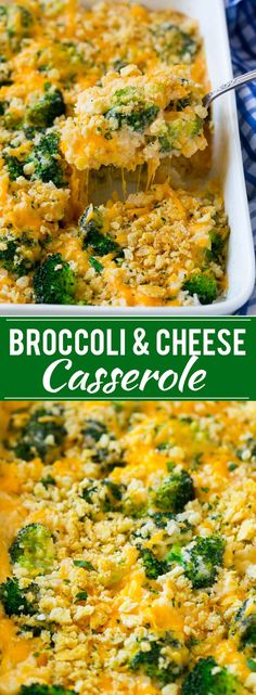 broccoli and cheese casserole in a white dish with a green border