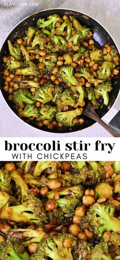 broccoli stir fry with chickpeas in a skillet on the side