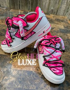 Customize Air Force Ones, Custom Nike Shoes Women, Pretty Jordans, Pink Jordan Shoes, Nike Swag, Bling Sneakers, Bling Nike