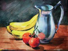 a painting of bananas, tomatoes and cherries on a wooden table next to a pitcher