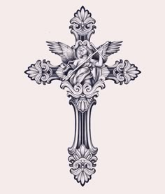 a cross with an angel on it and ornate designs around the cross, in black and white