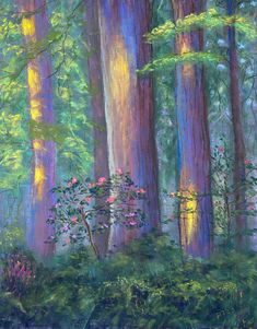 an oil painting of trees and flowers in the middle of a forest with sunlight coming through them