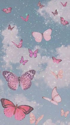 many pink butterflies flying in the sky with stars and clouds behind them on a blue background