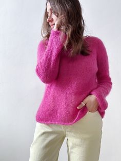 Fuchsia mohair sweater details: * totaly seamless and professionally crafted, with see-through delicate effect; * knitted from light mohair and merino wool, perfect for sensitive skin; * weight a little more than 100 gr. but very warm and cozy; * Oversize fit with long sleeves;  * Perfectly pairs with linen clothes and jeans; * model is 5.3' (160 cm) wearing size S. ♦ READY TO SHIP size S/M lenght - 22''(56cm),  width - 19"(47cm), sleeves -21-22''(53-54cm) M-L size: lenght - 22-22.5''(56-58cm), Mohair Sweater Pattern, Mohair Top, Oversized Knitted Sweater, Pull Mohair, Wool Gifts, Pullover Pattern, Easy Knit, Raglan Sweater, Oversized Knitted Sweaters