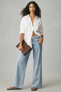 60% cotton, 40% lyocell Five-pocket styling Front zip Machine wash Imported | Zoe High-Rise Tie-Waist Wide-Leg Jeans by PAIGE in Blue, Women's, Size: 30, Cotton/Lyocell at Anthropologie Anthropologie Outfits, Anthropologie Clothing, Jeans Outfit Women, Outfit Women, Jeans Outfit, 50 Fashion, Bottom Clothes, Leisure Wear, Jean Outfits