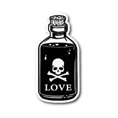 a bottle with a skull and crossbones on it that says love in black