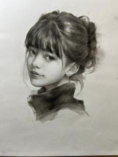 a pencil drawing of a woman's head with bangs and hair in a bun