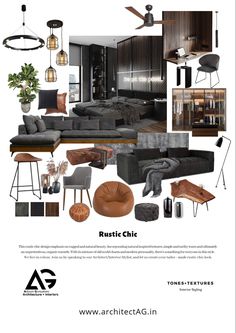 an advertisement for a modern living room with furniture and decor in black and white colors