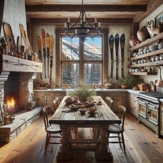 Immerse in the charm of a cozy ski house kitchen, boasting a grand stone fireplace, rustic oak table, and a vintage gas stove. Antique ski decor, a mountain-view window, and a character-rich chandelier enhance the homely, nostalgic vibe. #SkiHouse #RusticKitchen #MountainView #AntiqueDecor #CozyInterior #VintageKitchenDesign Antique Skis Decor, Ski Lodge Kitchen, Lodge Kitchen Ideas, Stone Fireplace Rustic, Ski House Kitchen, Rustic Ski Lodge, Antique Kitchen Stoves, Fireplace Rustic