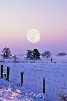 the full moon is seen over a snowy field with fence and trees in the foreground