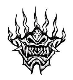 a black and white drawing of a demon's head