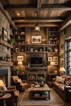 a living room filled with furniture and a fire place in the middle of a room