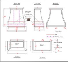 an architectural drawing showing the details for a kitchen hood and window sill with measurements