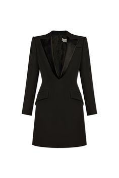 100% Wool Elegant V-neck Dress With Hidden Buttons, Formal V-neck Dress With Hidden Button Closure, Notch Lapel Dresses For Evening In Fall, Notch Lapel Evening Dresses For Fall, Designer Fitted Semi-formal Dresses, Luxury Business Dresses For Fall, Chic Formal Dress With Concealed Front Fastening, Luxury Long Sleeve Business Dresses, Luxury Tailored Long Sleeve Dresses