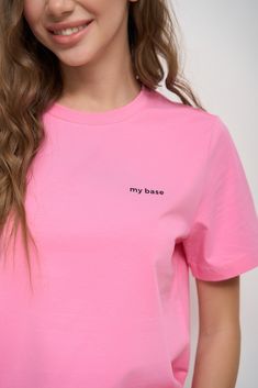 Basic T-Shirt made of high-quality cotton will solve the problem of having "nothing to wear." You can feel comfortable in it in various situations. The "My Base" inscription serves as a reminder of the value of simple everyday things. We recommend choosing a model in several colors so that you can change your outfit according to your mood. Basic Pink Slogan Top, Basic Organic Cotton T-shirt With Logo Print, Pink T-shirt With Letter Print For Everyday, Organic Cotton Short Sleeve Tops With Branding, Pink Relaxed Fit T-shirt In Organic Cotton, Pink Relaxed Fit Organic Cotton T-shirt, Pink Relaxed Fit Organic Cotton Top, Relaxed Fit Pink T-shirt In Organic Cotton, Basic T-shirt With Letter Print For Everyday