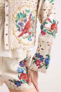 Ivory chanderi short jacket with floral, thread and beaded applique embroidery. - Aza Fashions White Bohemian Embellished Sets, Cream Sets With Resham Embroidery For Summer, Bohemian Cream Sets With Intricate Embroidery, Off White Bohemian Summer Sets, Bohemian Off White Summer Sets, Cream Embroidered Bohemian Sets, Cream Embroidered Top For Summer, Bohemian Style Embroidered Cream Sets, Cream Bohemian Embroidered Sets